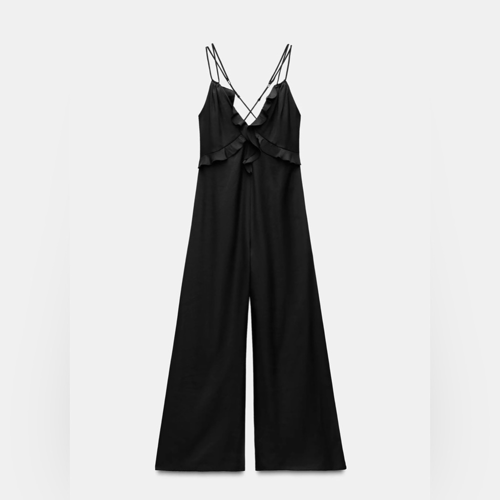 ZARA Black Ruffle V-Neck Wide-Leg Jumpsuit with Crisscross Straps